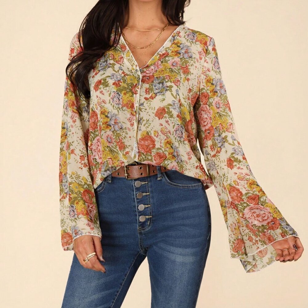 Apricot Boho Women's Floral Print Trumpet Sleeve Blouse - Picture 5 of 6